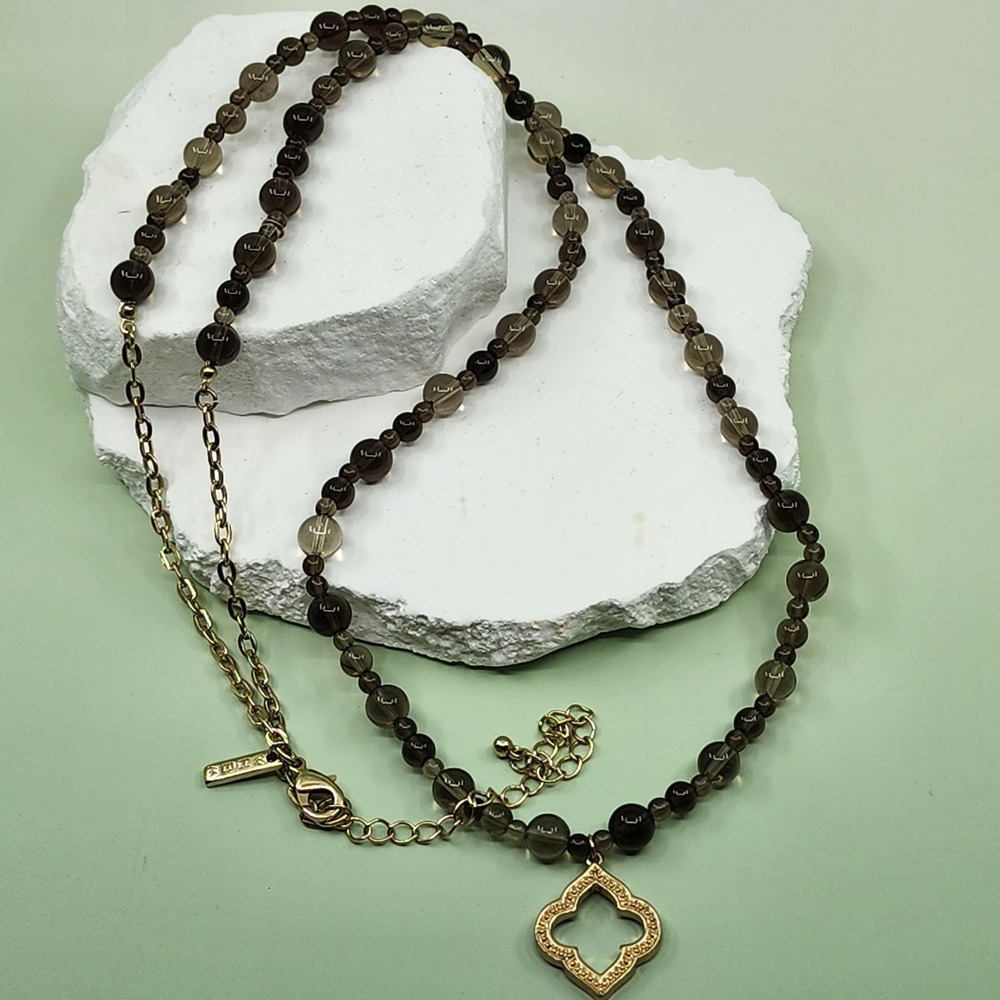 WHBM White House Black Market Smoky Quartz Quatrefoil Pendant Layered Necklace